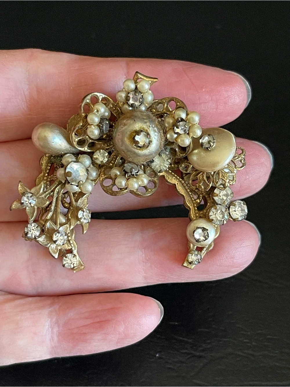 Vintage Original by Robert Gold-Tone faux Pearl & Crystal Floral Brooch .